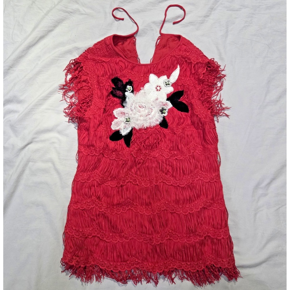 Red Fringe Womens Flapper Mini Dress Great Gatsby Italian Embroidered VTG Sz S